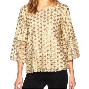 Calvin Klein Boho Gold Shimmer‎ Top Bell Sleeve Sheer Lined Blouse Women's Sz M